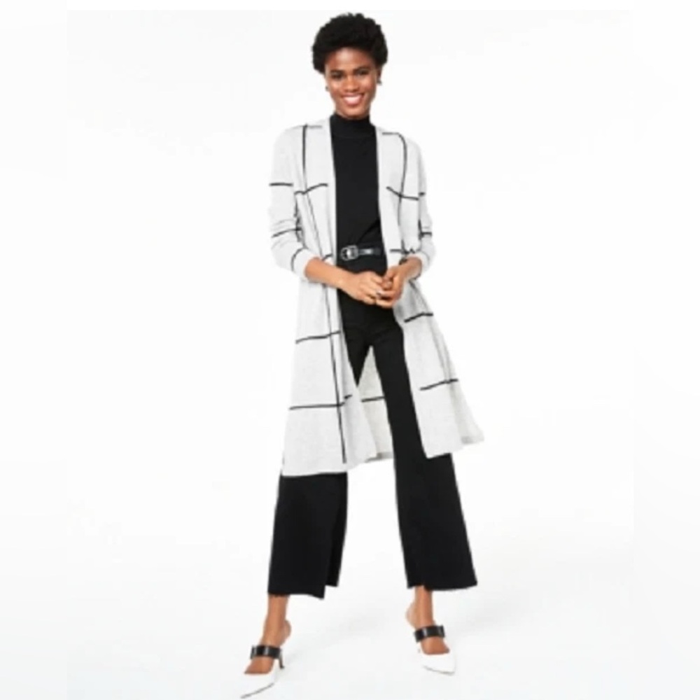 Charter Club Gray and Black 100% Cashmere Checkered Duster Cardigan Size L